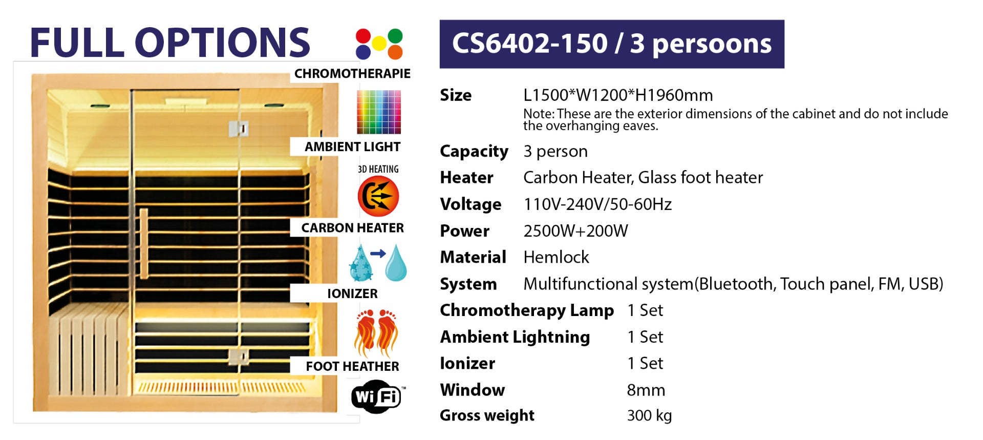 SAUNA-INFRARED 3PERS 150CM