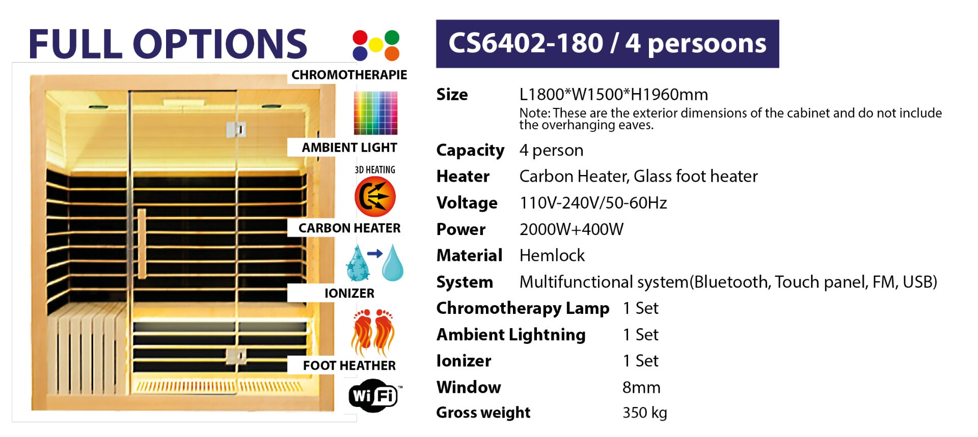 SAUNA-INFRARED 4PERS 180CM